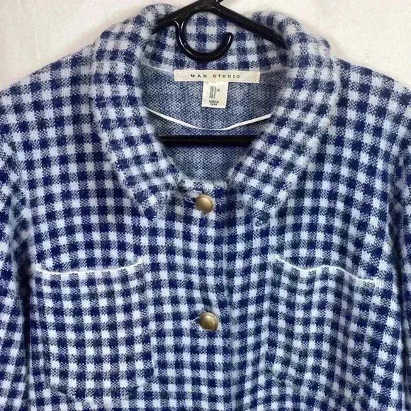 Max Studio Blue & White Checked Fuzzy Jacket with Gold Tone Buttons.  Size Large - Picture 1 of 10
